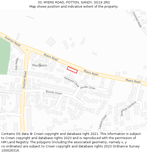 33, MYERS ROAD, POTTON, SANDY, SG19 2RG: Location map and indicative extent of plot