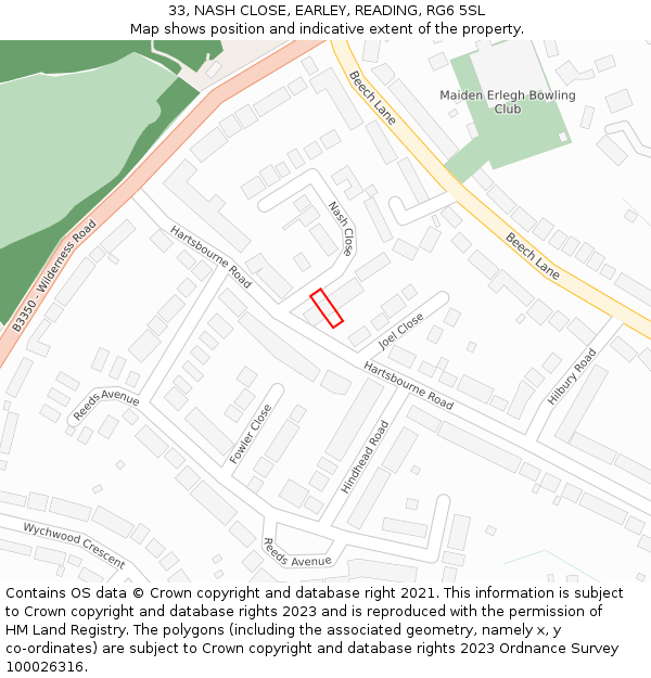 33, NASH CLOSE, EARLEY, READING, RG6 5SL: Location map and indicative extent of plot