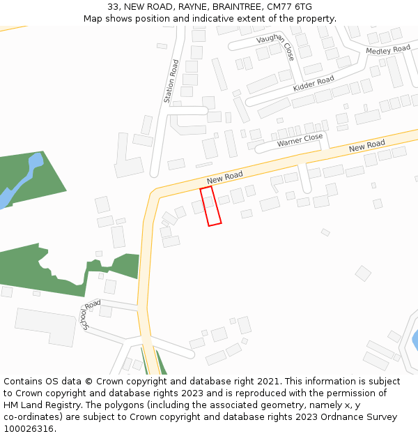 33, NEW ROAD, RAYNE, BRAINTREE, CM77 6TG: Location map and indicative extent of plot