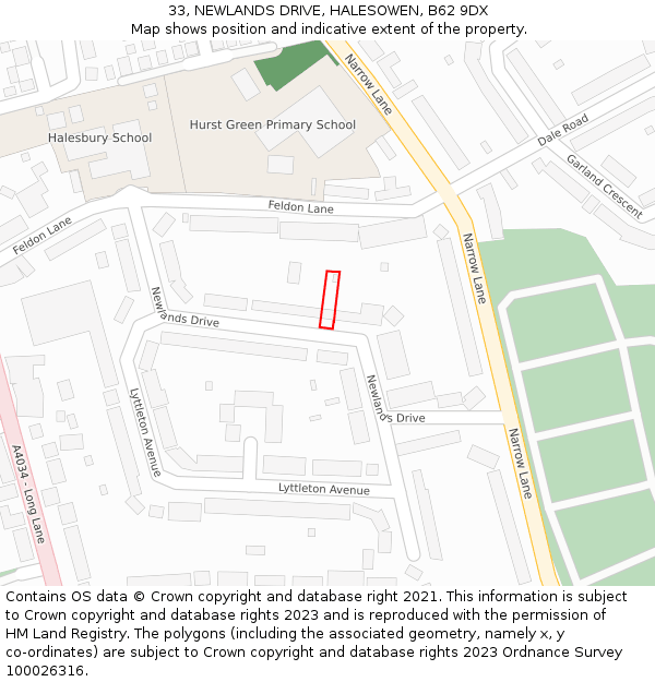 33, NEWLANDS DRIVE, HALESOWEN, B62 9DX: Location map and indicative extent of plot