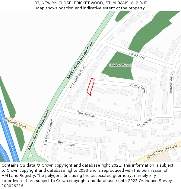 33, NEWLYN CLOSE, BRICKET WOOD, ST. ALBANS, AL2 3UP: Location map and indicative extent of plot