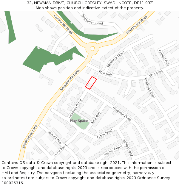 33, NEWMAN DRIVE, CHURCH GRESLEY, SWADLINCOTE, DE11 9RZ: Location map and indicative extent of plot