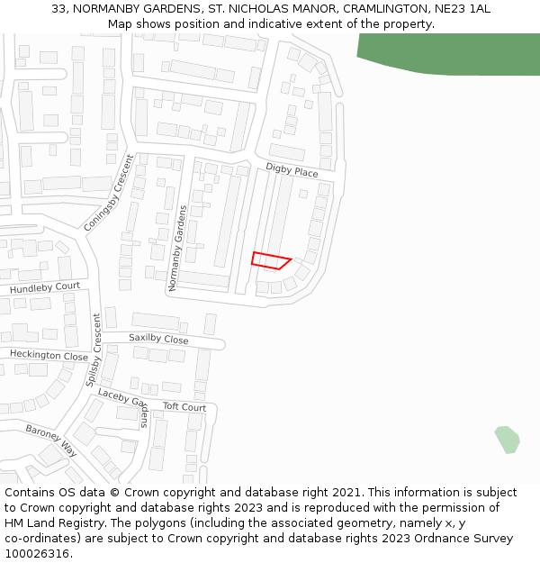 33, NORMANBY GARDENS, ST. NICHOLAS MANOR, CRAMLINGTON, NE23 1AL: Location map and indicative extent of plot