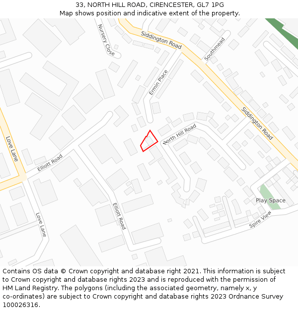 33, NORTH HILL ROAD, CIRENCESTER, GL7 1PG: Location map and indicative extent of plot