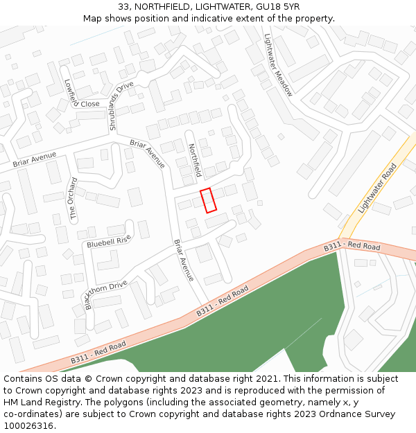 33, NORTHFIELD, LIGHTWATER, GU18 5YR: Location map and indicative extent of plot