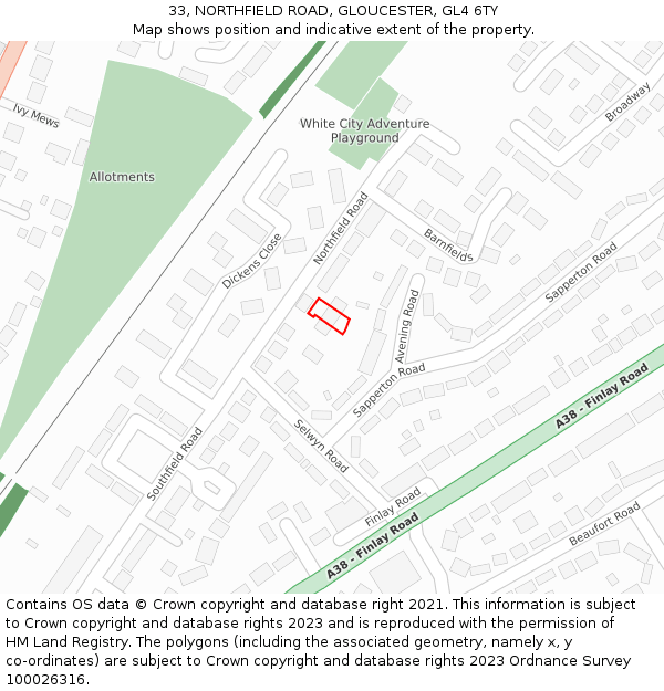 33, NORTHFIELD ROAD, GLOUCESTER, GL4 6TY: Location map and indicative extent of plot