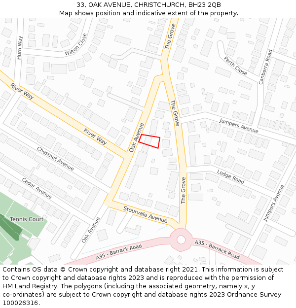 33, OAK AVENUE, CHRISTCHURCH, BH23 2QB: Location map and indicative extent of plot