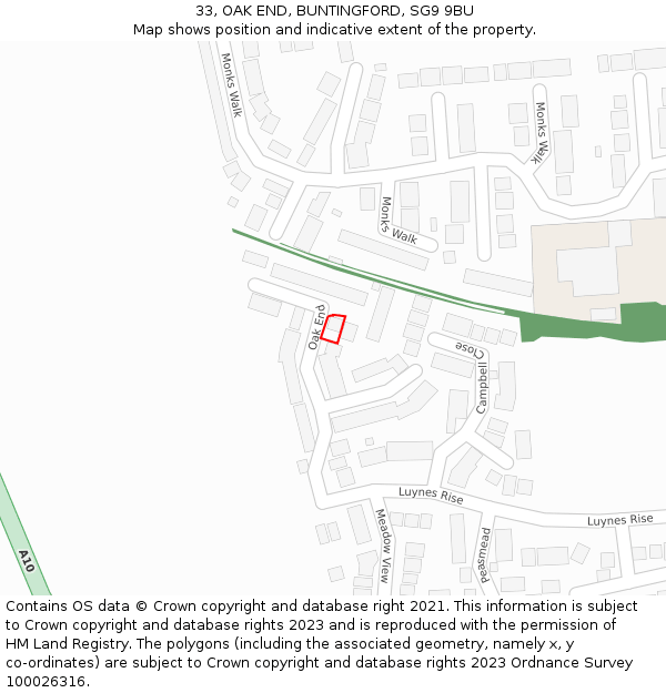 33, OAK END, BUNTINGFORD, SG9 9BU: Location map and indicative extent of plot