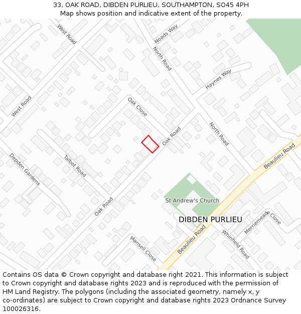 33, OAK ROAD, DIBDEN PURLIEU, SOUTHAMPTON, SO45 4PH: Location map and indicative extent of plot