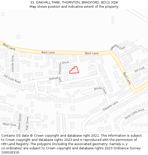 33, OAKHALL PARK, THORNTON, BRADFORD, BD13 3QW: Location map and indicative extent of plot