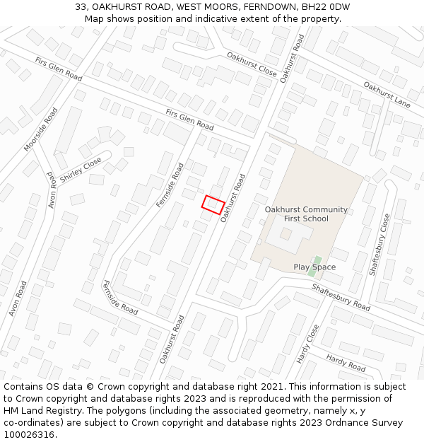 33, OAKHURST ROAD, WEST MOORS, FERNDOWN, BH22 0DW: Location map and indicative extent of plot