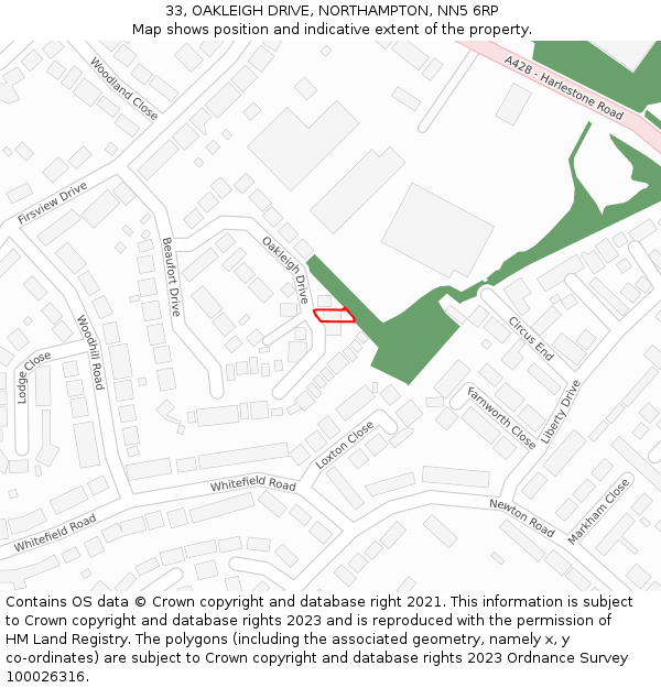33, OAKLEIGH DRIVE, NORTHAMPTON, NN5 6RP: Location map and indicative extent of plot
