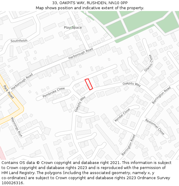 33, OAKPITS WAY, RUSHDEN, NN10 0PP: Location map and indicative extent of plot