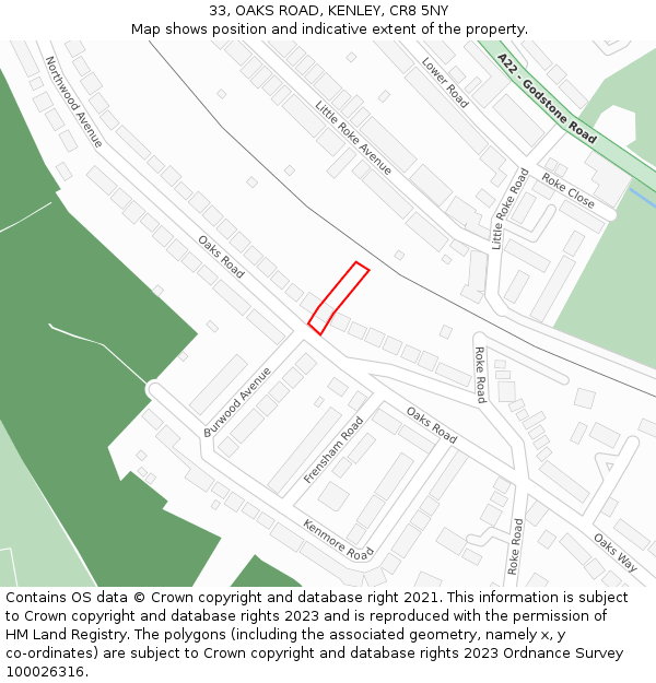 33, OAKS ROAD, KENLEY, CR8 5NY: Location map and indicative extent of plot