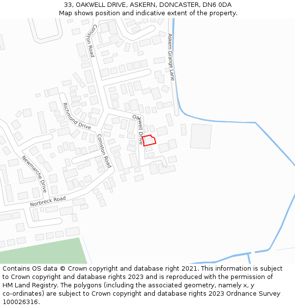 33, OAKWELL DRIVE, ASKERN, DONCASTER, DN6 0DA: Location map and indicative extent of plot