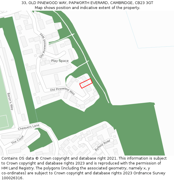 33, OLD PINEWOOD WAY, PAPWORTH EVERARD, CAMBRIDGE, CB23 3GT: Location map and indicative extent of plot