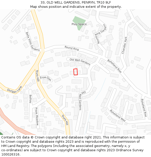 33, OLD WELL GARDENS, PENRYN, TR10 9LF: Location map and indicative extent of plot