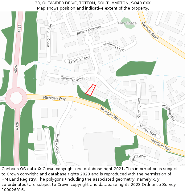 33, OLEANDER DRIVE, TOTTON, SOUTHAMPTON, SO40 8XX: Location map and indicative extent of plot