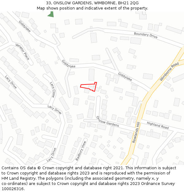 33, ONSLOW GARDENS, WIMBORNE, BH21 2QG: Location map and indicative extent of plot