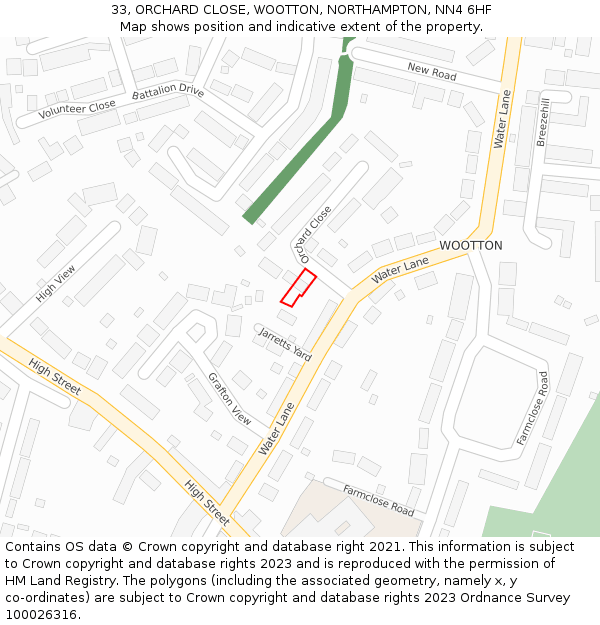 33, ORCHARD CLOSE, WOOTTON, NORTHAMPTON, NN4 6HF: Location map and indicative extent of plot