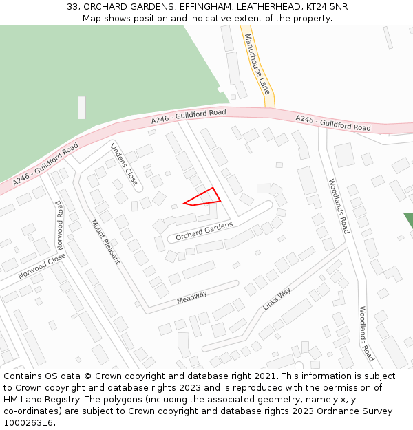 33, ORCHARD GARDENS, EFFINGHAM, LEATHERHEAD, KT24 5NR: Location map and indicative extent of plot