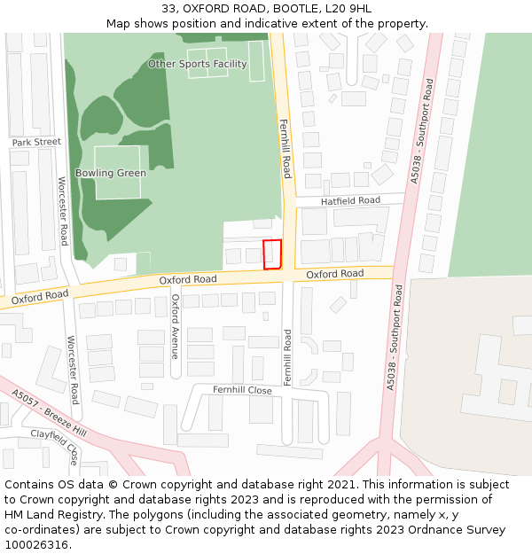 33, OXFORD ROAD, BOOTLE, L20 9HL: Location map and indicative extent of plot