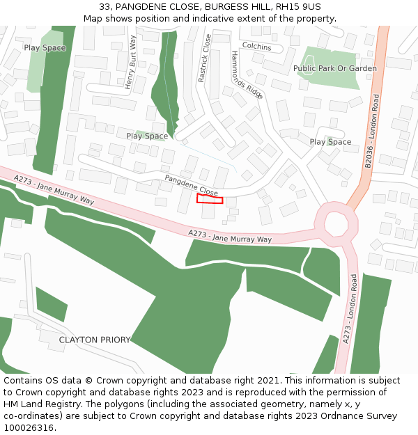 33, PANGDENE CLOSE, BURGESS HILL, RH15 9US: Location map and indicative extent of plot