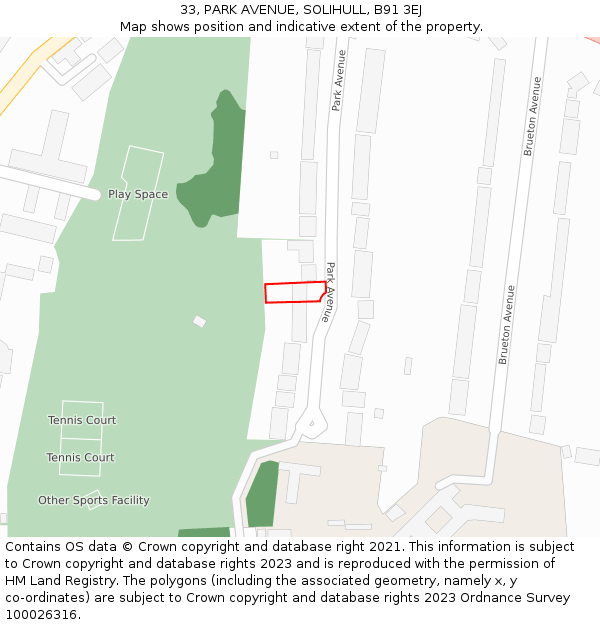 33, PARK AVENUE, SOLIHULL, B91 3EJ: Location map and indicative extent of plot