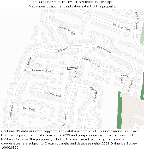 33, PARK DRIVE, SHELLEY, HUDDERSFIELD, HD8 8JE: Location map and indicative extent of plot