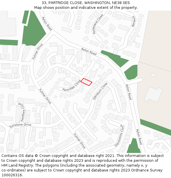 33, PARTRIDGE CLOSE, WASHINGTON, NE38 0ES: Location map and indicative extent of plot