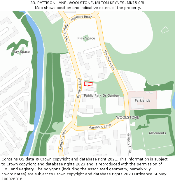 33, PATTISON LANE, WOOLSTONE, MILTON KEYNES, MK15 0BL: Location map and indicative extent of plot