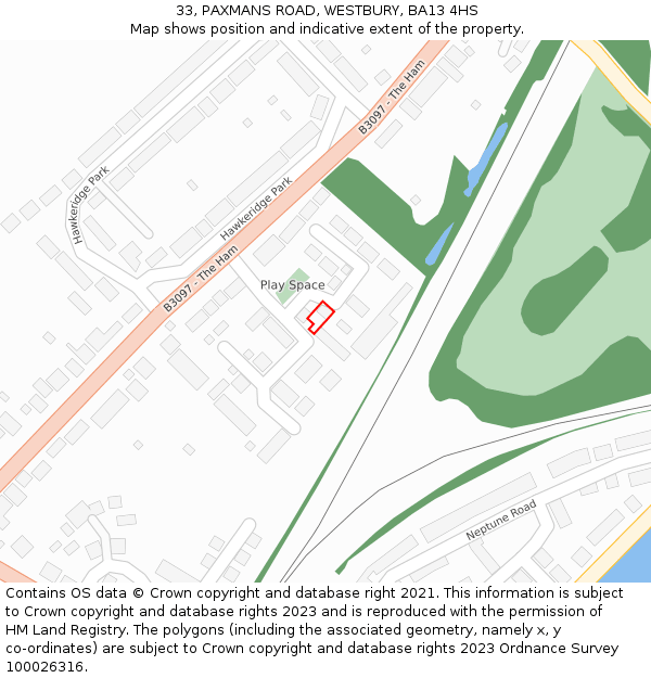 33, PAXMANS ROAD, WESTBURY, BA13 4HS: Location map and indicative extent of plot