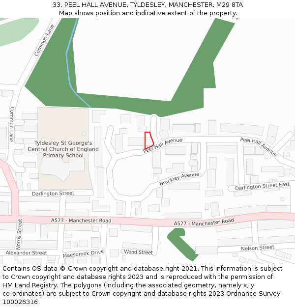 33, PEEL HALL AVENUE, TYLDESLEY, MANCHESTER, M29 8TA: Location map and indicative extent of plot