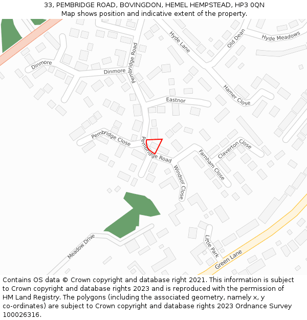 33, PEMBRIDGE ROAD, BOVINGDON, HEMEL HEMPSTEAD, HP3 0QN: Location map and indicative extent of plot