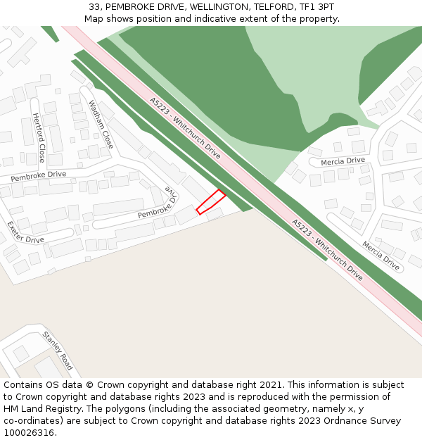 33, PEMBROKE DRIVE, WELLINGTON, TELFORD, TF1 3PT: Location map and indicative extent of plot