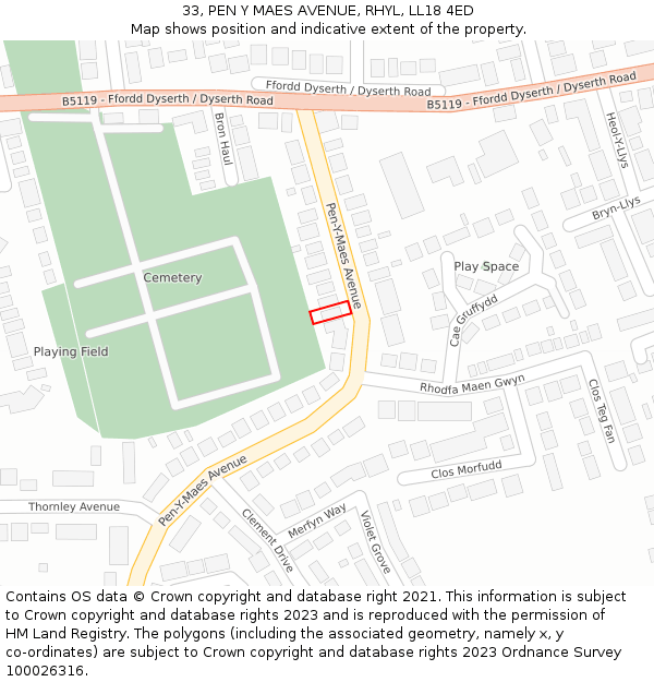 33, PEN Y MAES AVENUE, RHYL, LL18 4ED: Location map and indicative extent of plot