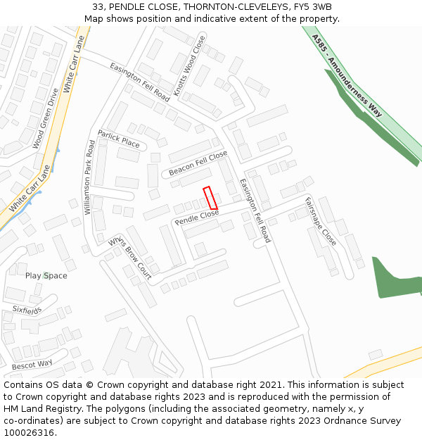 33, PENDLE CLOSE, THORNTON-CLEVELEYS, FY5 3WB: Location map and indicative extent of plot