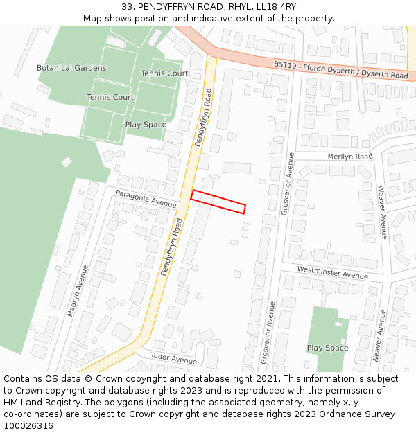 33, PENDYFFRYN ROAD, RHYL, LL18 4RY: Location map and indicative extent of plot