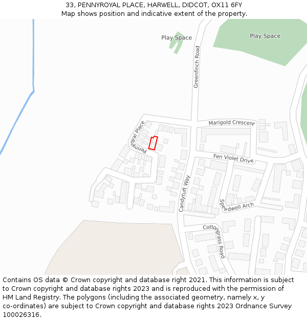 33, PENNYROYAL PLACE, HARWELL, DIDCOT, OX11 6FY: Location map and indicative extent of plot