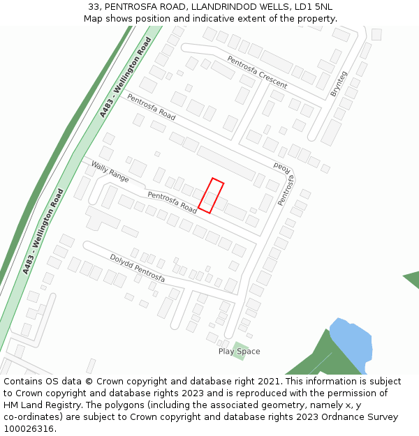 33, PENTROSFA ROAD, LLANDRINDOD WELLS, LD1 5NL: Location map and indicative extent of plot