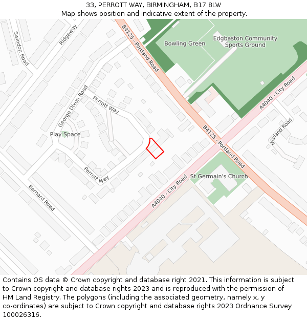 33, PERROTT WAY, BIRMINGHAM, B17 8LW: Location map and indicative extent of plot