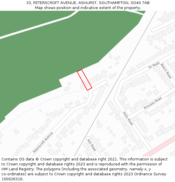 33, PETERSCROFT AVENUE, ASHURST, SOUTHAMPTON, SO40 7AB: Location map and indicative extent of plot