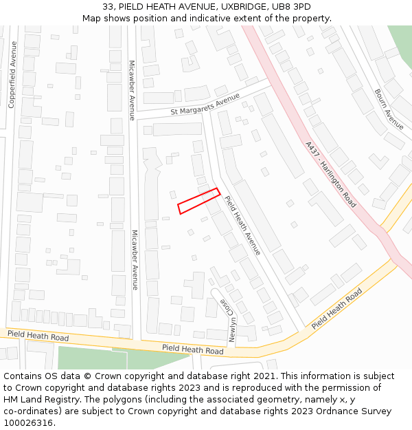 33, PIELD HEATH AVENUE, UXBRIDGE, UB8 3PD: Location map and indicative extent of plot