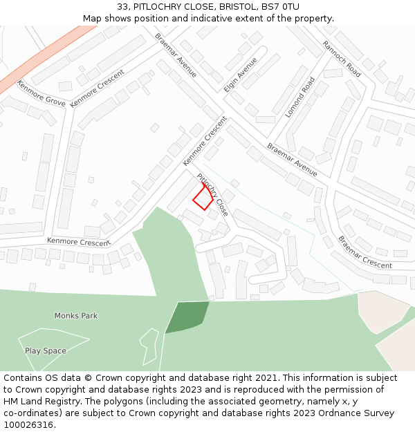 33, PITLOCHRY CLOSE, BRISTOL, BS7 0TU: Location map and indicative extent of plot