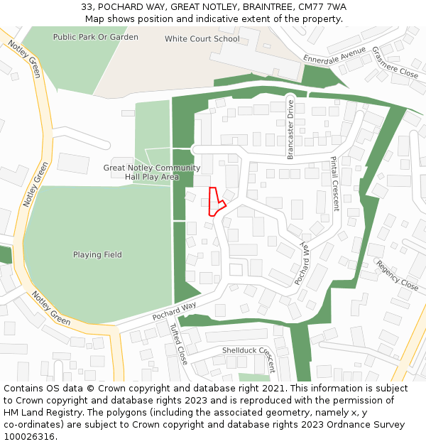 33, POCHARD WAY, GREAT NOTLEY, BRAINTREE, CM77 7WA: Location map and indicative extent of plot