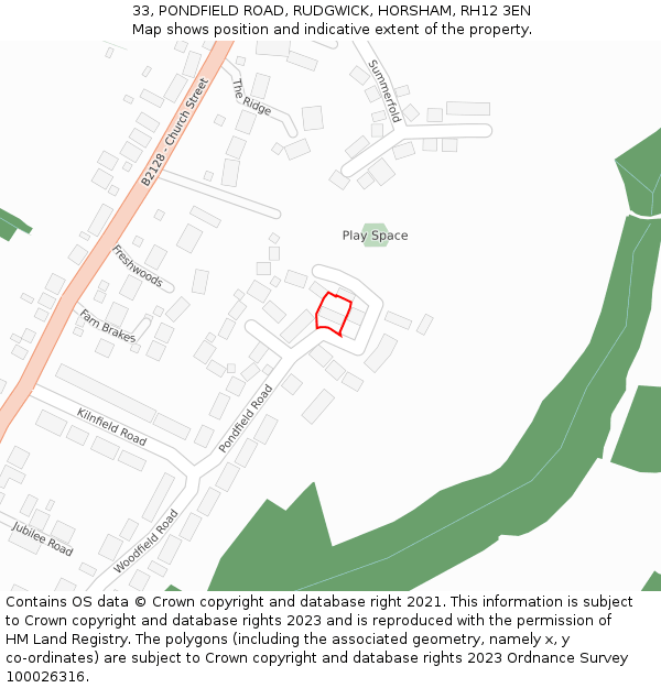 33, PONDFIELD ROAD, RUDGWICK, HORSHAM, RH12 3EN: Location map and indicative extent of plot