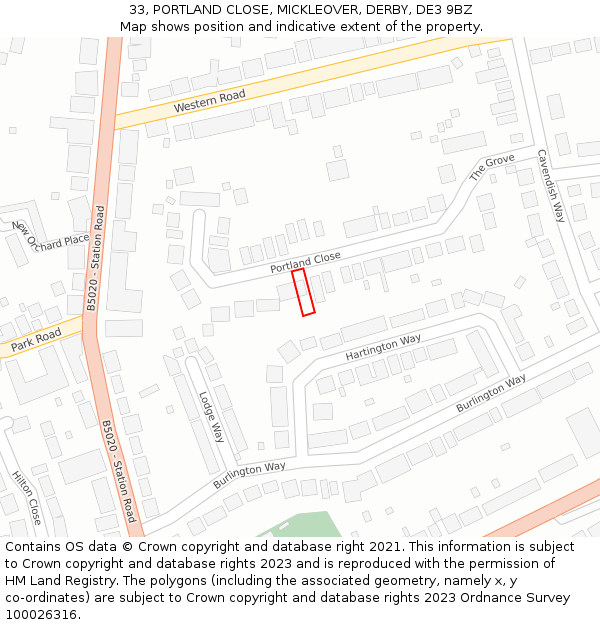 33, PORTLAND CLOSE, MICKLEOVER, DERBY, DE3 9BZ: Location map and indicative extent of plot