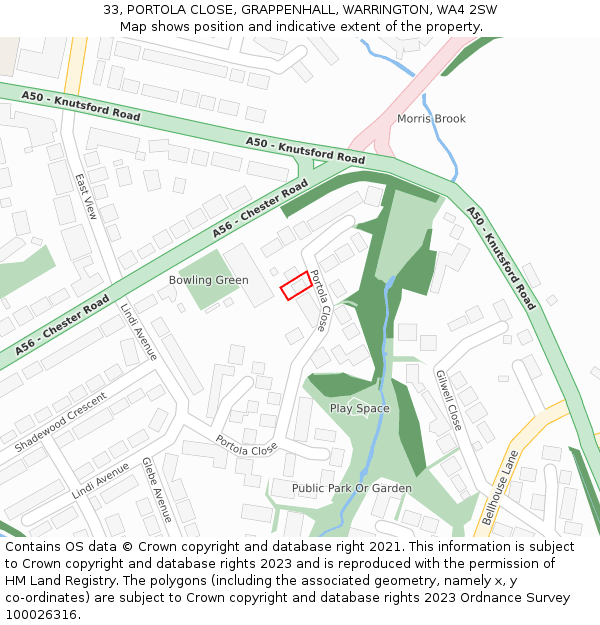 33, PORTOLA CLOSE, GRAPPENHALL, WARRINGTON, WA4 2SW: Location map and indicative extent of plot