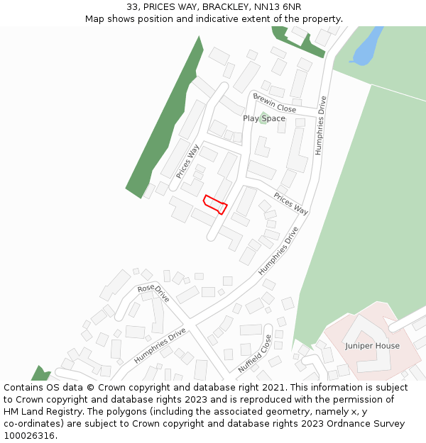 33, PRICES WAY, BRACKLEY, NN13 6NR: Location map and indicative extent of plot