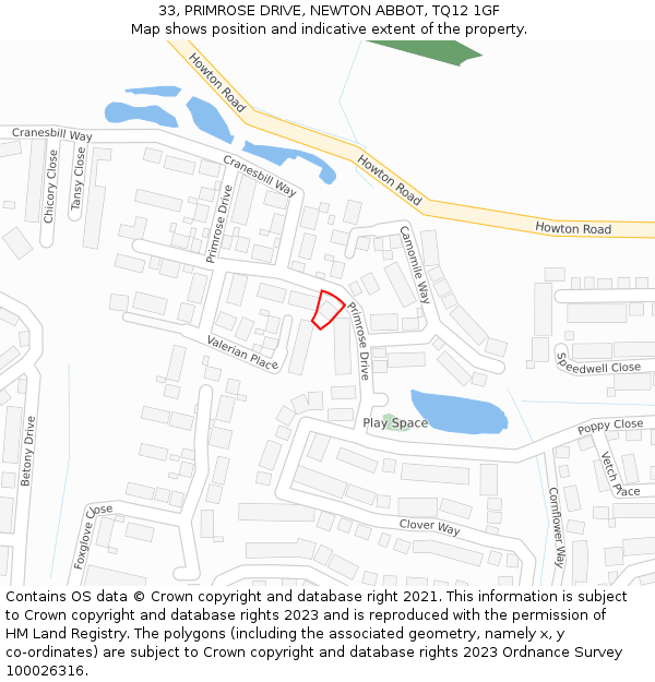 33, PRIMROSE DRIVE, NEWTON ABBOT, TQ12 1GF: Location map and indicative extent of plot